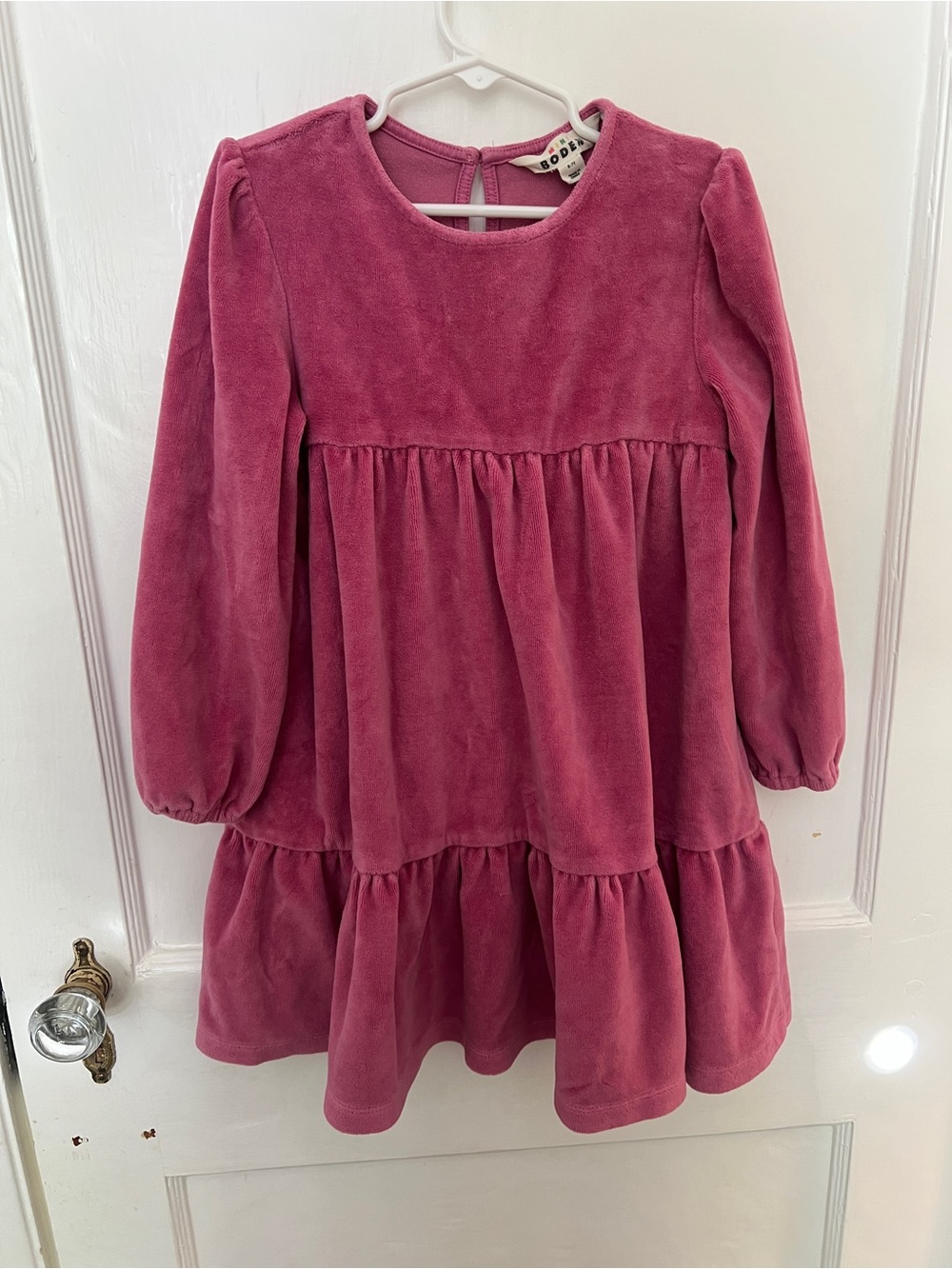 Mini Boden Rose-Pink Velvet Tiered Long-Sleeve Dress